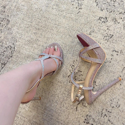 2026 Summer European and American Fashion Greet Upper Pointed Toe Stiletto Heel High Heel Sandals Women's One Line with Rhinestones Banquet Wedding