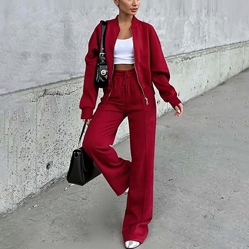 Spring 2026 new European and American cross-border women's fashion solid color zipper cardigan lace-up sweatshirt casual straight-leg trouser cover