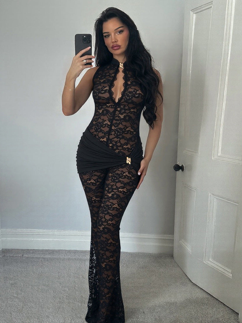 Foreign trade autumn new European and beautiful women's clothing hot girl style sexy cut-through sleeveless shrink pleated slim lace jumpsuit