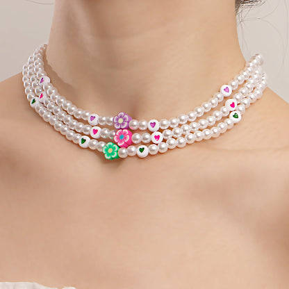European and American cross-border jewelry, ins style, soft pottery, flowers, colorful love, imitation pearl necklaces, women's niche design, light luxury