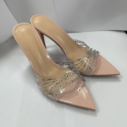 2026 Summer French Pointed Toe Transparent TPU Sandals Women's Outer Wear Thin Heel with Rhistone Decoration Breathable