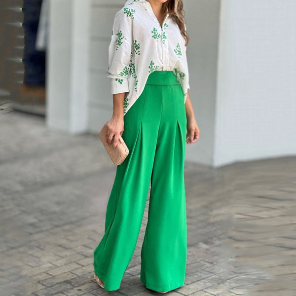 2025 European and American clothing temperament loose printed shirt women's high-waisted wide-leg pants fashion suit women's two-piece set 661