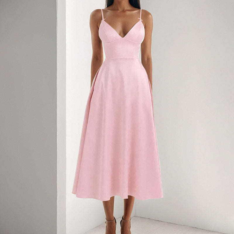 2026 spring new European and American V-neck sexy design long skirt court-style dopamine wearing slip dress