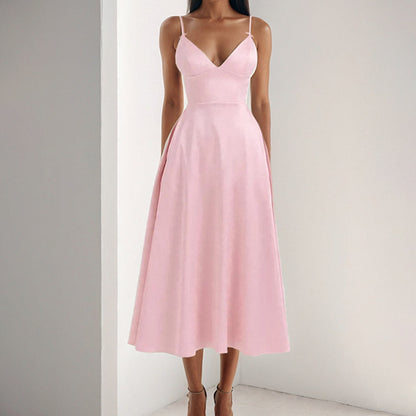 2026 spring new European and American V-neck sexy design long skirt court-style dopamine wearing slip dress