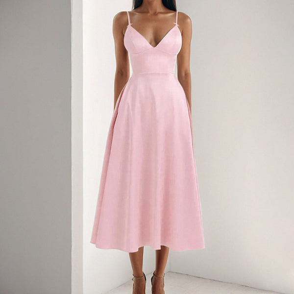 2026 spring new European and American V-neck sexy design long skirt court-style dopamine wearing slip dress