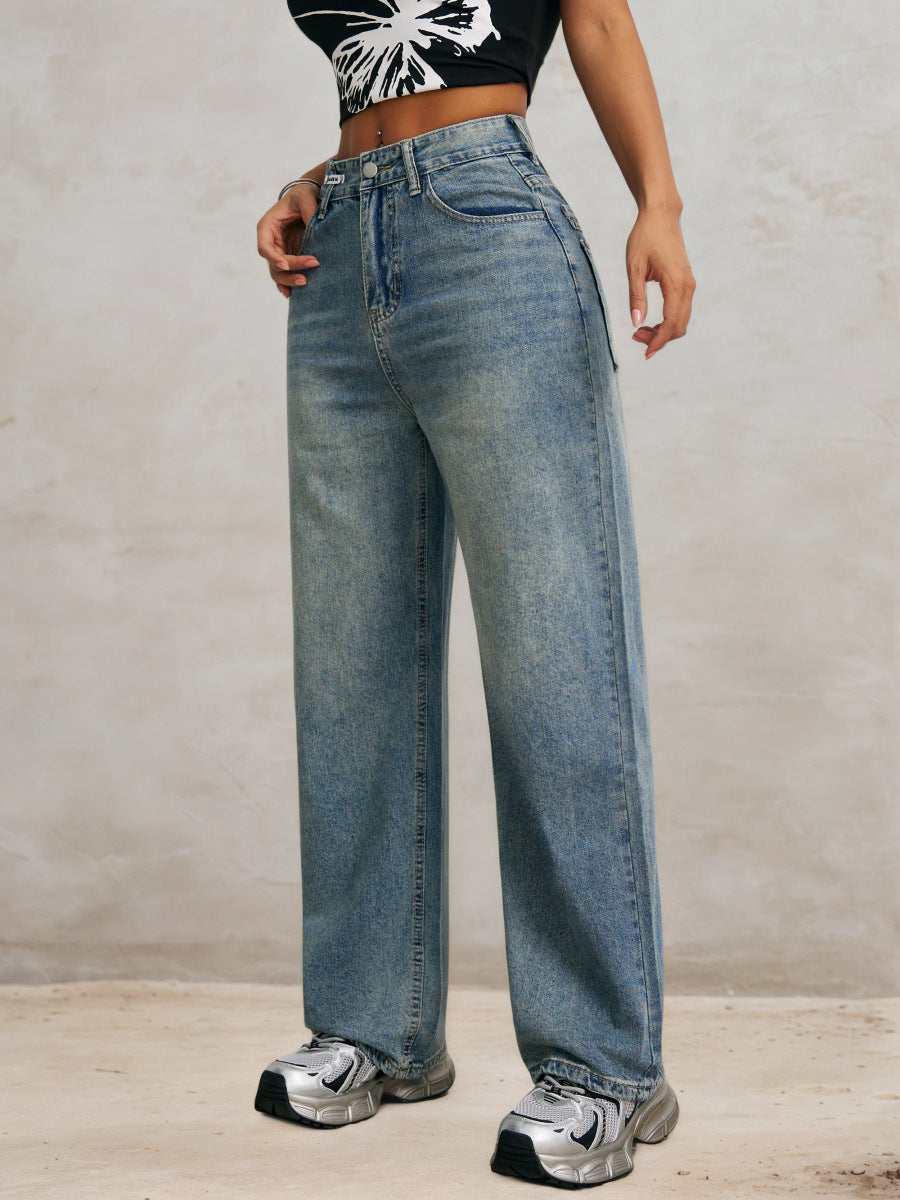 Retro Korean wide-leg jeans women's autumn and winter high-waisted loose slimming straight-leg long pants European and American street style