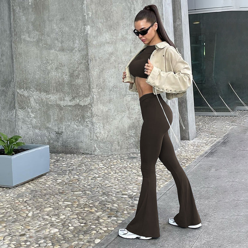 Cross-border European and beautiful clothing autumn and winter new temperament, solid color long-sleeved crop top, high-waisted loose bootcut pants, two-piece set
