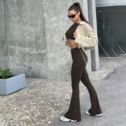 Cross-border European and beautiful clothing autumn and winter new temperament, solid color long-sleeved crop top, high-waisted loose bootcut pants, two-piece set