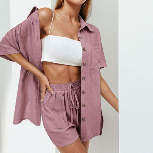 Amazon 2026 New Fashion Solid Color Shirt Women's Casual Temperament Short Sleeve Single-Breasted Shorts Two-Piece Set