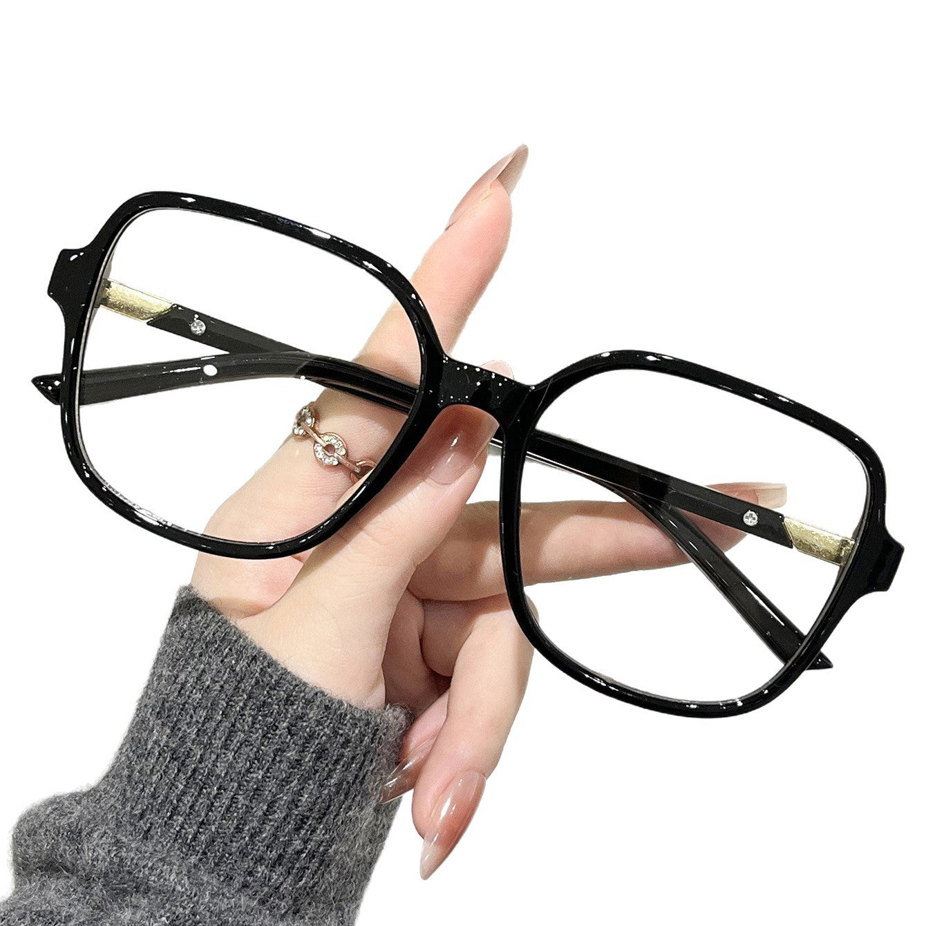 Large square frame flat light glasses, Korean new trendy no-makeup glasses frames for women, premium gold-rimmed slimming frames