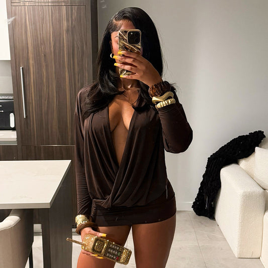 Cross-border wholesale autumn and winter new European and beautiful clothing fashion solid color sexy deep V long sleeve waist and hip dress for women