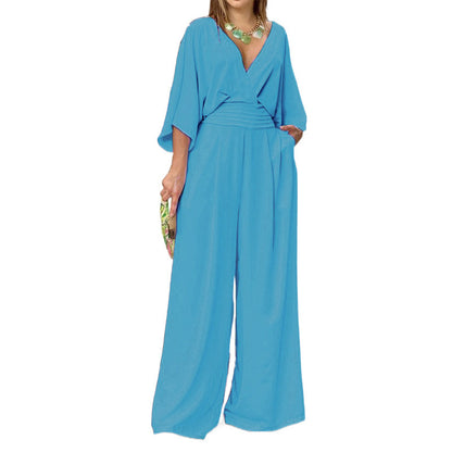 European and American clothing 2025 spring European and American jumpsuits, temperament, wide-leg pants, loose sleeves, V-neck, waist pocket jumpsuit