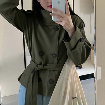 2026 spring new European and American cross-border design solid color versatile double-breasted waist tie-up cropped trench coat jacket