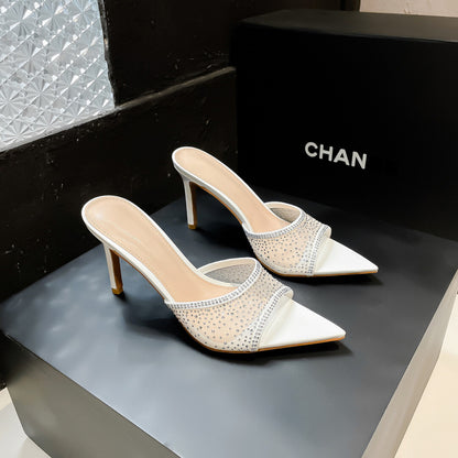 YX open-toe pointed mesh rhinestone sexy slippers women's 2026 summer wear temperament stiletto heeled sandals