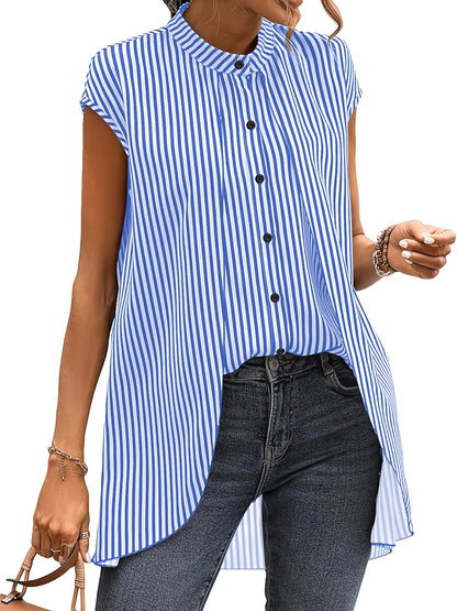 2026 Cross-border Amazon European and American women's striped small stand collar collar leave two-piece short-sleeve plus-size shirt shirt lazy shirt