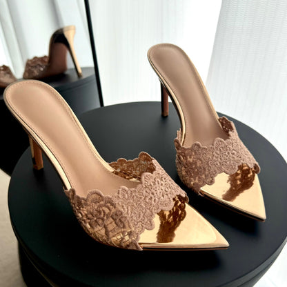 WO Huizhou 2026 Summer High Heels Light Luxury High-End Lace Pointed Toe Thin Heel Slippers European and American Fashion Temperament