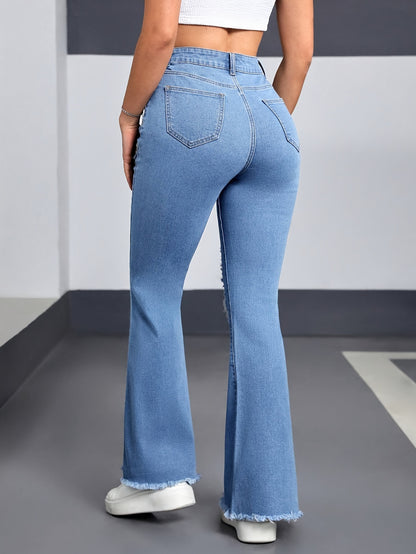 European and American women's jeans, stretch heart, pattern, ripped flared pants, fashionable casual pants, WOMEN JEANS