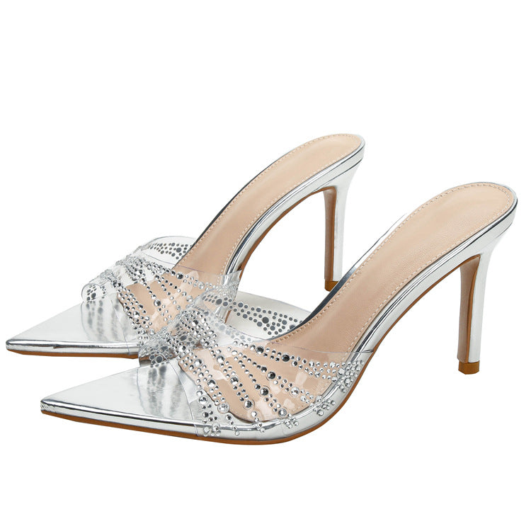 2026 Summer French Pointed Toe Transparent TPU Sandals Women's Outer Wear Thin Heel with Rhistone Decoration Breathable