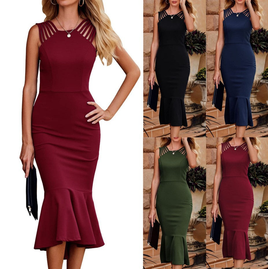Cross-border Europe and the United States 2023 New Dress Foreign Trade Fashion Women's Elegant Slim Solid Color Mermaid Dress