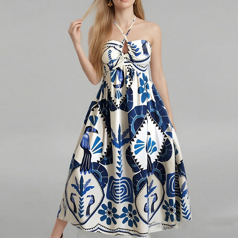 2026 spring new independent station European and beautiful clothing temperament elegant printed hollow large swing halterneck strap dress