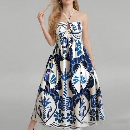 2026 spring new independent station European and beautiful clothing temperament elegant printed hollow large swing halterneck strap dress