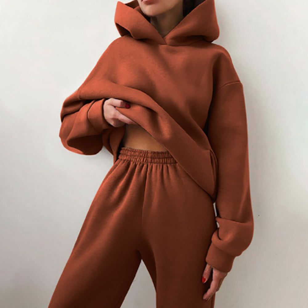 2026 spring new cross-border European and American clothing solid color hooded sweatshirt trousers street fashion casual two-piece set
