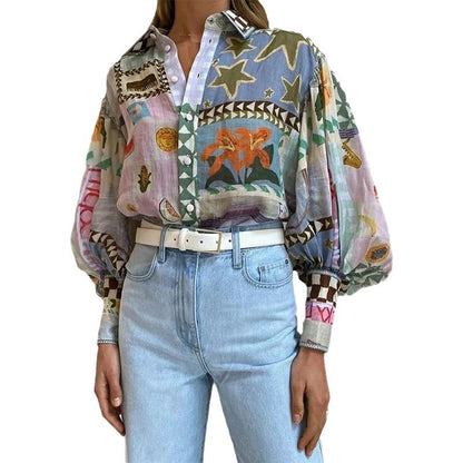 2026 spring new cross-border European and beautiful clothing temperament elegant lapel long sleeve printed painted casual fashion shirt