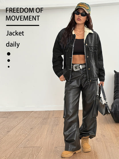 New Women's Elegant Casual Versatile Loose Slim Long Sleeve Retro Short Denim Warm Cotton Jacket Blue Black