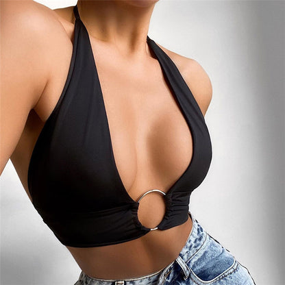 Cross-border summer new European and American clothing sexy deep V halterneck strap crop navel small vest hot girl low-cut small suspender