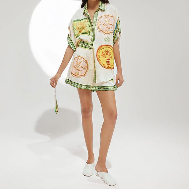2026 European and American Clothing Independent Station New Temperament Casual Printed Shirt Short Sleeve Elastic Waist Button Shorts Suit