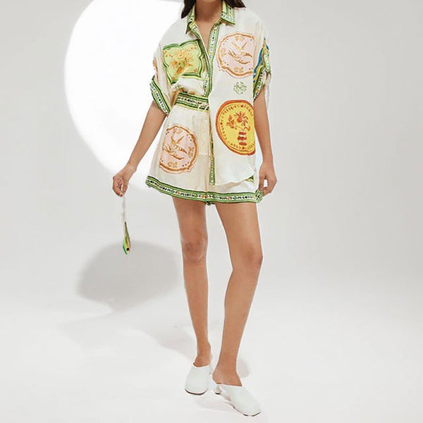 2026 European and American Clothing Independent Station New Temperament Casual Printed Shirt Short Sleeve Elastic Waist Button Shorts Suit