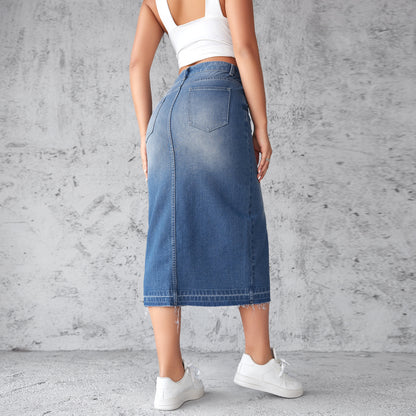 Spot factory direct sales Europe and the United States cross-border blue denim skirt skirt women's slit hip A-line skirt slim long skirt