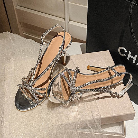 WO Huizhou City 2026 Autumn New Sandals Super Fairy Rhinestone Thin Heel European and American Fashion Open Toe Sexy Silver High Heels