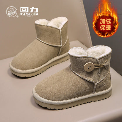 Pullback Versatile Solid Color Children's Snow Boots Mid-Leg Buttons Easy to Put On and Take Off Warm Cotton Shoes Plush Medium and Large Children's Boots