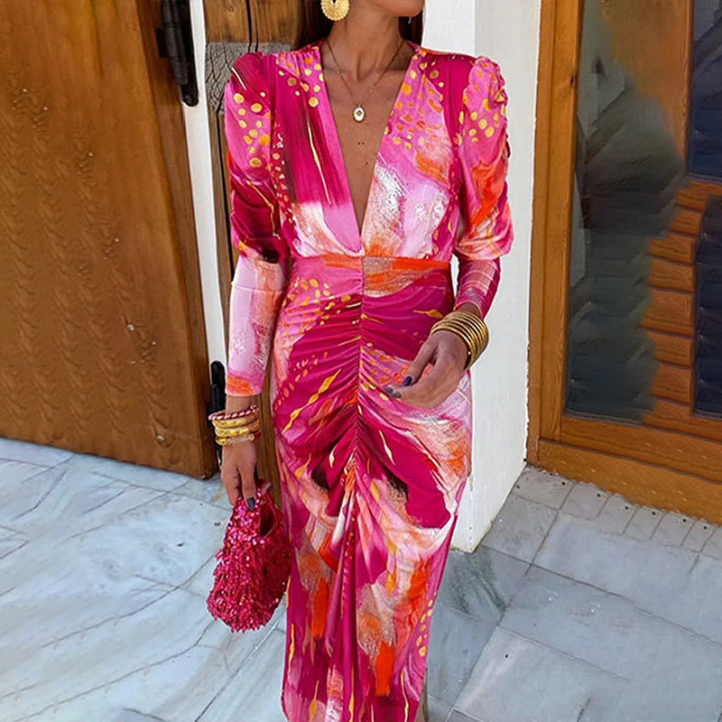 2026 spring-spring cross-border Amazon European and beautiful clothing temperament elegant and fashionable V-neck pleated waist dress