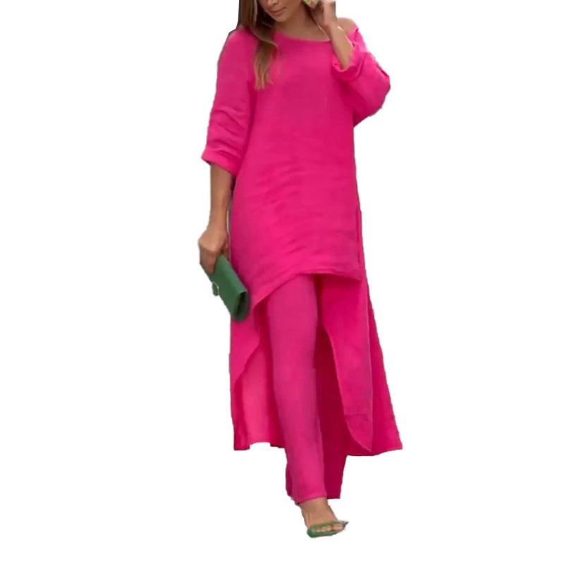 2026 New European Beauty Fashion Casual Solid Color Loose Irregular Long Sleeve Suit Wide-leg Pants Two-Piece Set 661