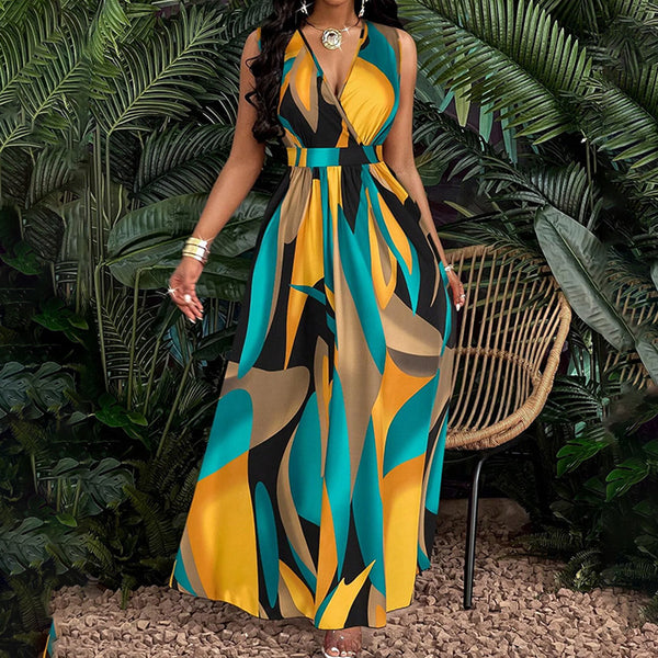 2026 Amazon cross-border new European and American women's clothing temperament is elegant and fashionable, sexy printed sleeveless V-neck dress