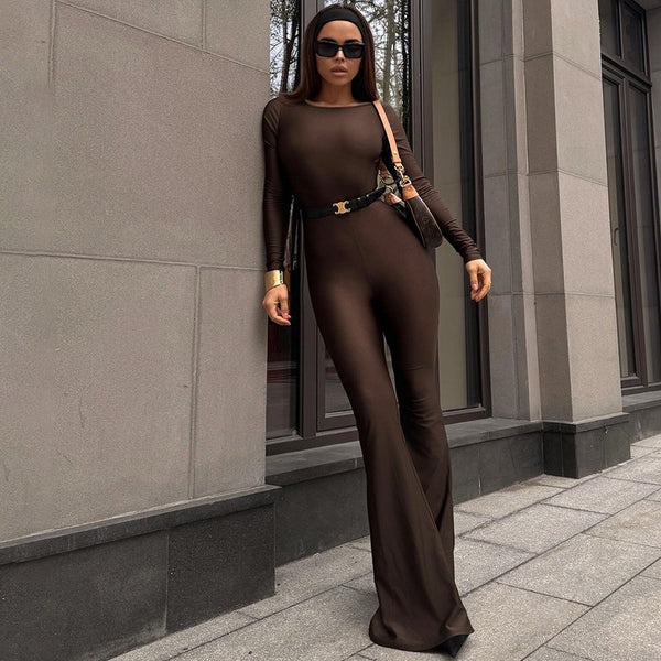 Cross-border Amazon European and American women's autumn new temperament solid color long sleeve slim body open back bootcut jumpsuit | Ciaura