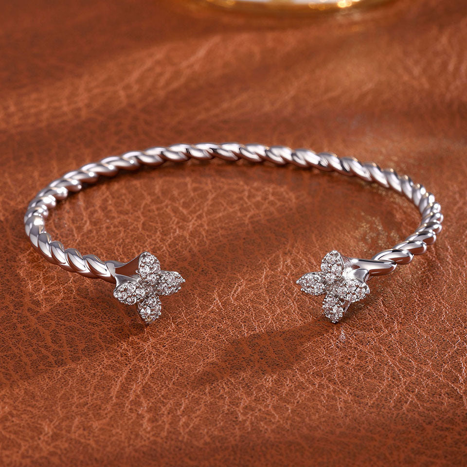 Open copper inlaid zirconia four-leaf clover diamond fashionable commuting simple versatile elegant bracelet ring set for women