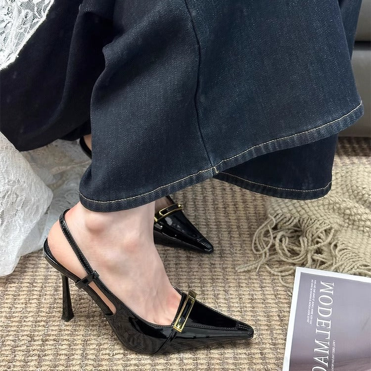 YX2026 Autumn European and American New Metal Buckle Pointed Toe Stiletto Heel Sandals Patent Leather Sexy Back Hollow Toe Pumps Women's Shoes