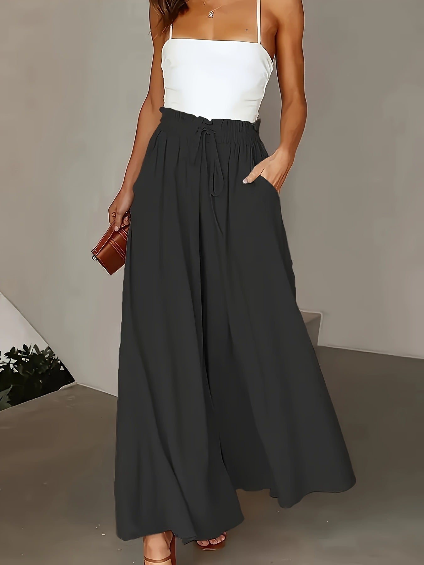 European and American cross-border independent station women's new solid loose plain casual elastic wide-leg flared pants