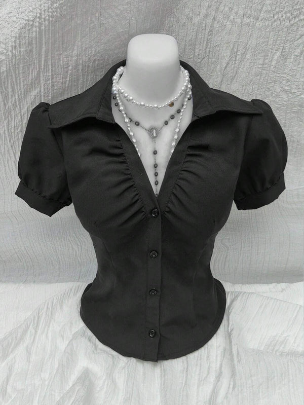 Europe and the United States 2025 Amazon wish cross-border new fashion V-neck pleated open-breasted women's slim short-sleeved shirt
