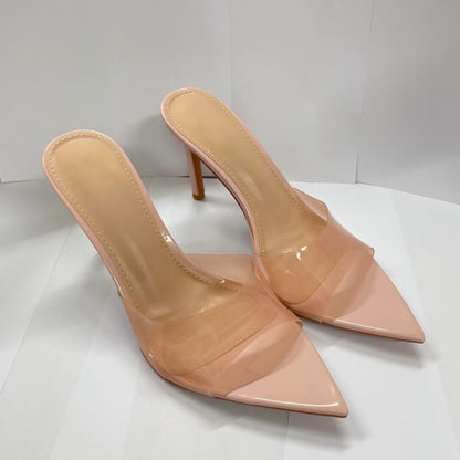 WO Huizhou New European and American Shoes Simple Nude Transparent One-Line High Heels Thin Heels Pointed Toes Are Not Tiring Feet and Versatile