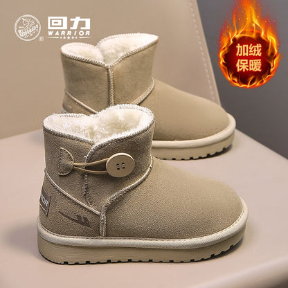Pullback Versatile Solid Color Children's Snow Boots Mid-Leg Buttons Easy to Put On and Take Off Warm Cotton Shoes Plush Medium and Large Children's Boots