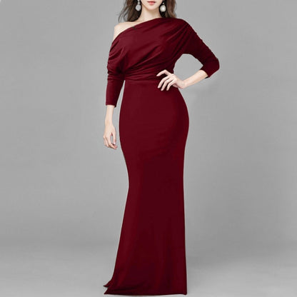 2025 Summer Amazon Cross-border European and American Fashion New Temperament Elegant and Fashionable Solid Color Hip Wrapping Slanted Shoulder Dress