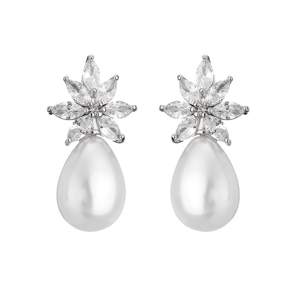 Cross-border bestseller: floral water drop faux pearl stud earrings with diamonds and zircon earrings, light luxury high-end accessories, wedding banquets