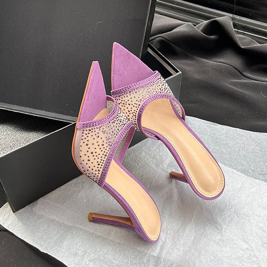 YX open-toe pointed mesh rhinestone sexy slippers women's 2026 summer wear temperament stiletto heeled sandals