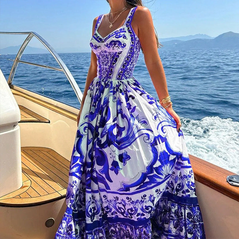 Amazon European and American cross-border women's clothing new printed square neck sundress pleated slim large swing European and American dress women