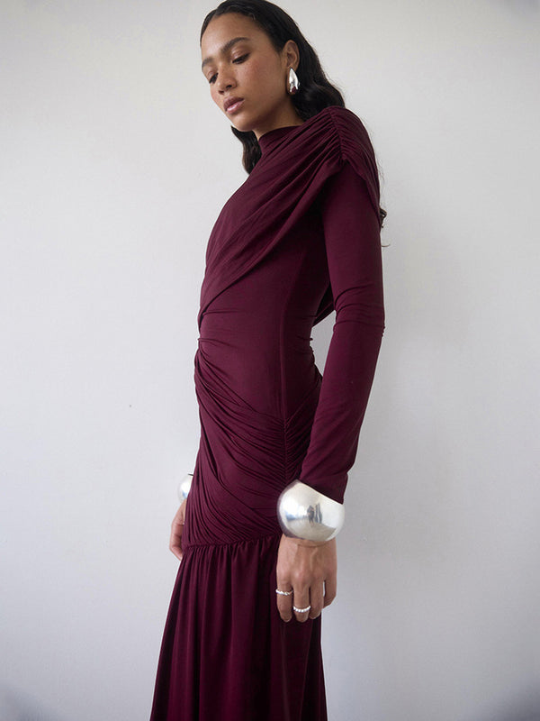 Foreign trade autumn and winter new European and beautiful fashion solid color crew neck long sleeve pleated hip irregular streamer dress - view 2 | Ciaura