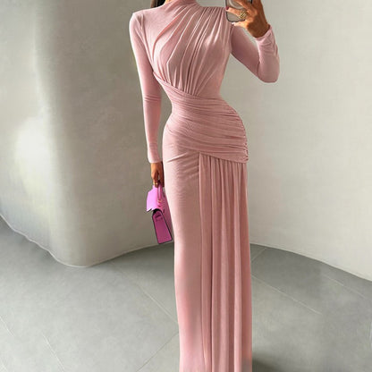 Cross-border autumn new women's celebrity style solid color crew neck asymmetrical pleated slim hip wrap dress for women